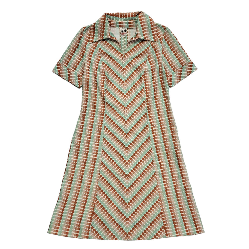 70s Vintage Griffon Green & Brown Collared Shift Dress Women's Medium