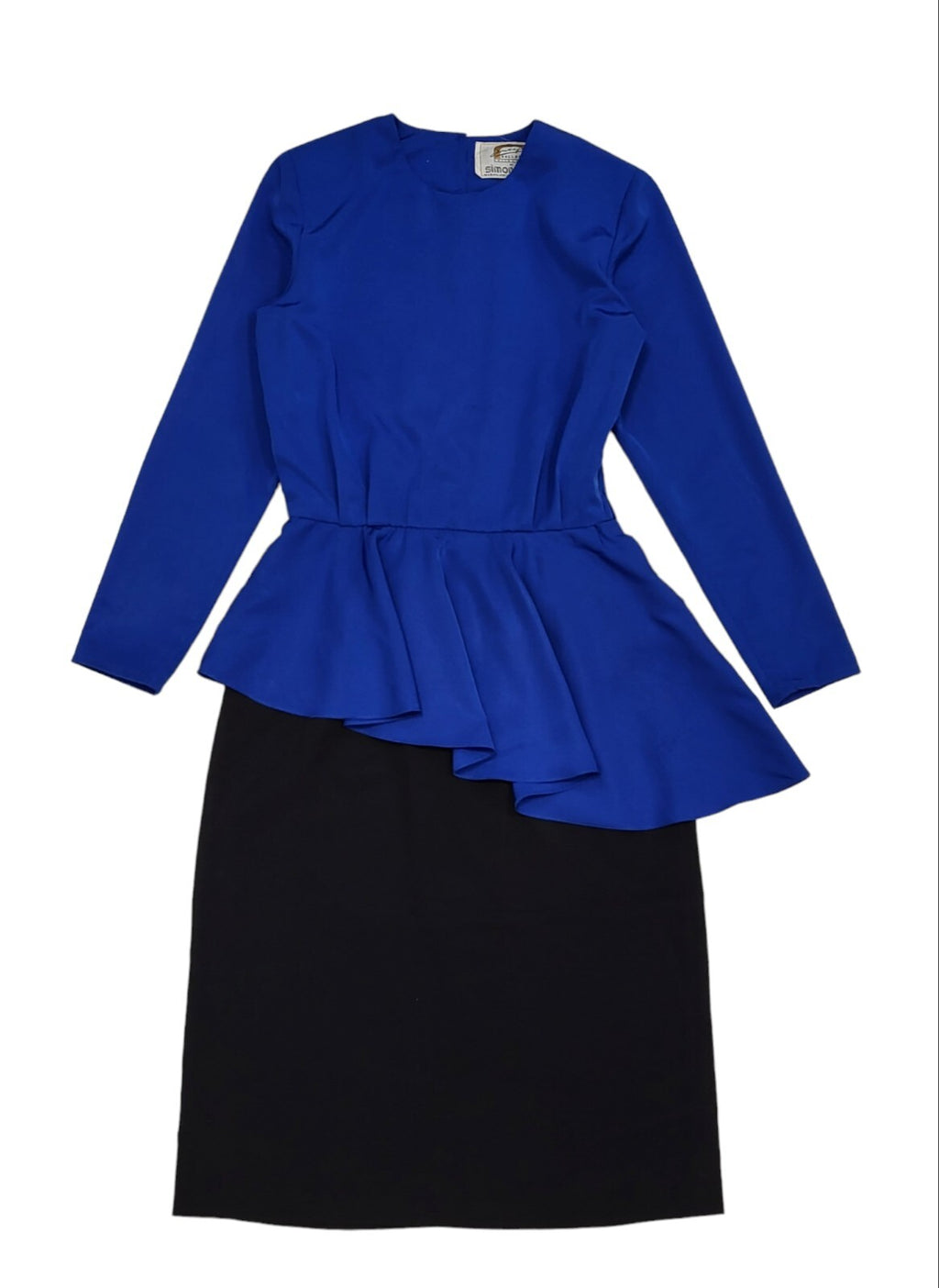 Simon Ellis 80s Vintage Blue & Black Peplum Evening Dress Women's Size 10