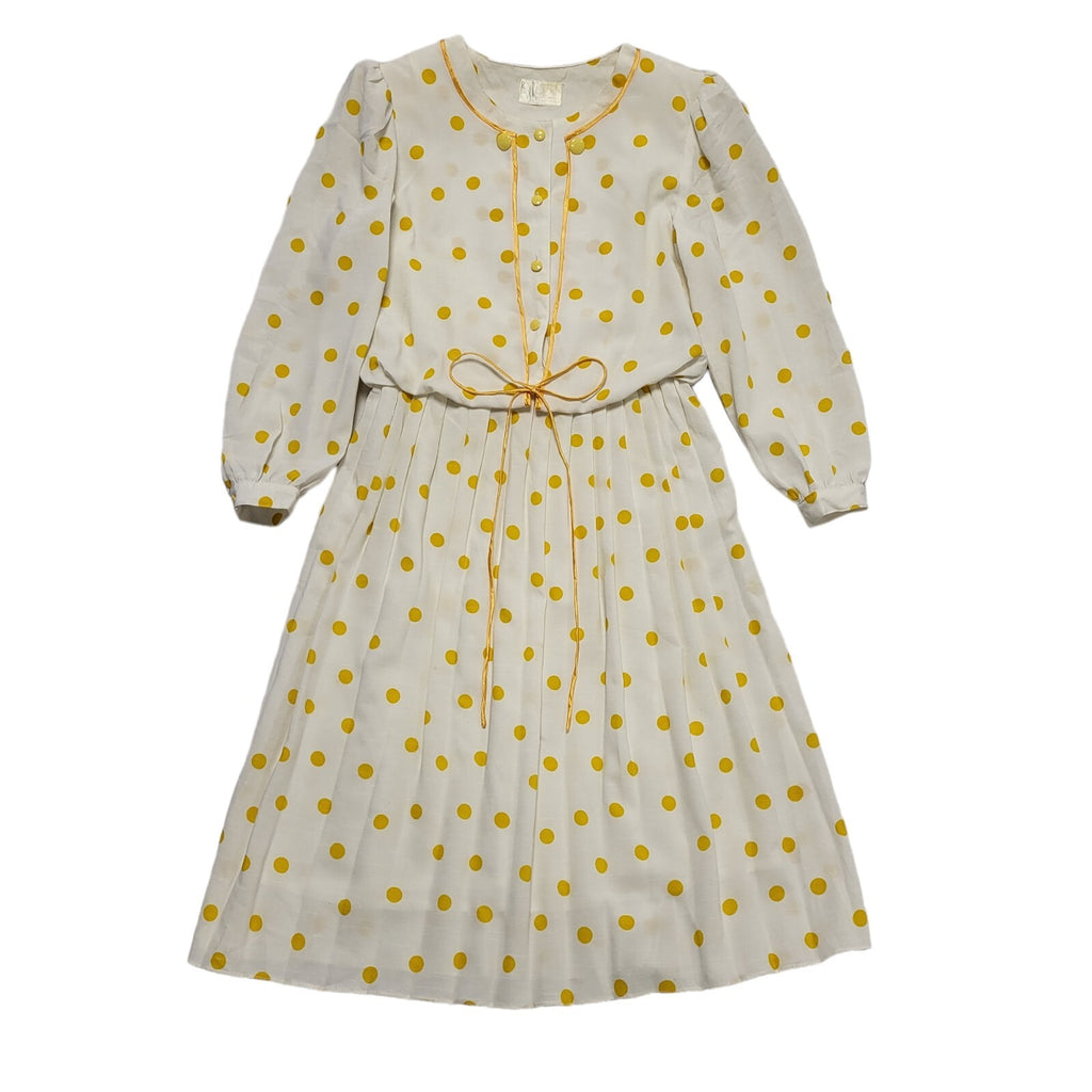 70s Vintage Dame Paris White Mustard Polka Dot Buttone Pleated Dress Women's 12