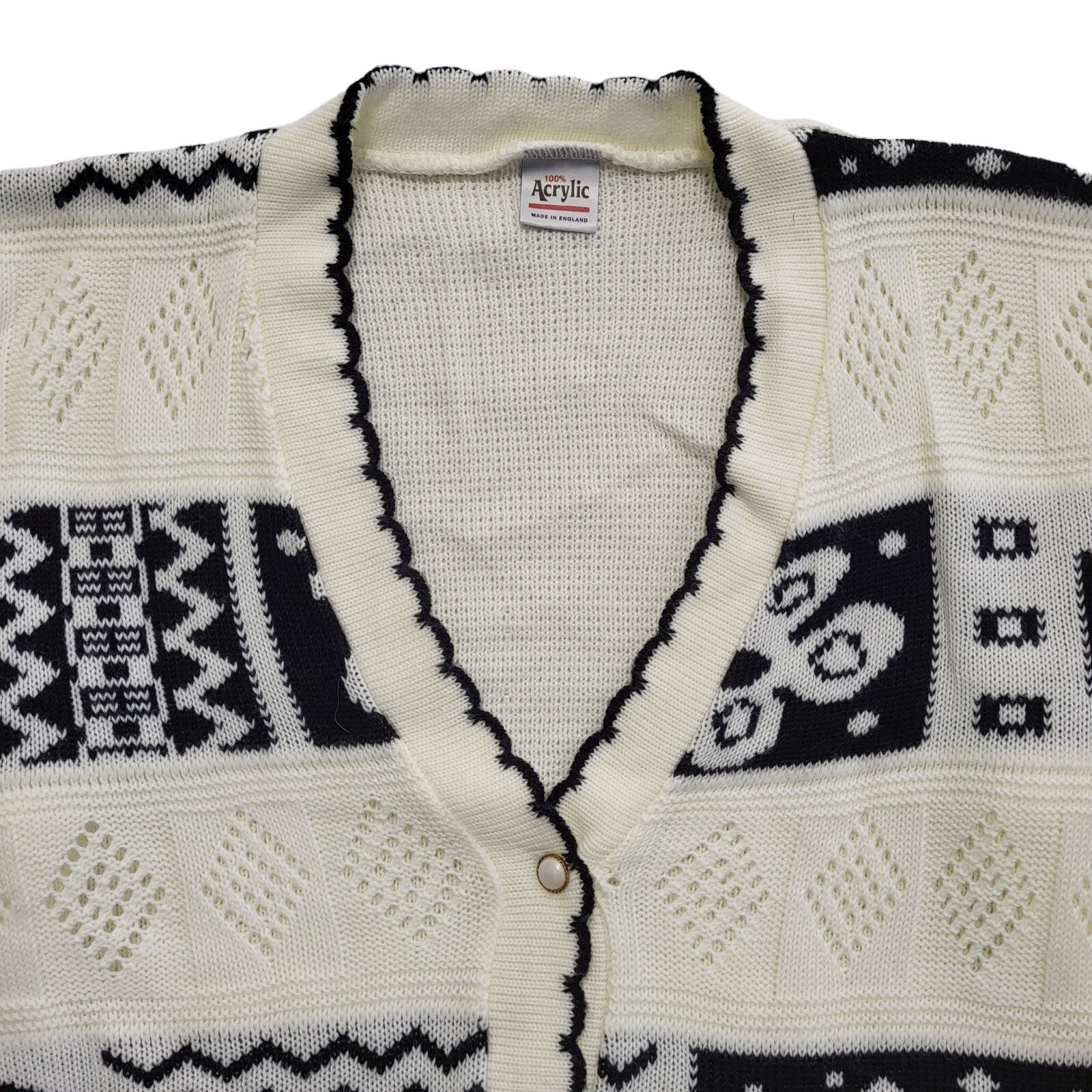 80s Vintage White & Black Button Cardigan Uk Women's Size 16