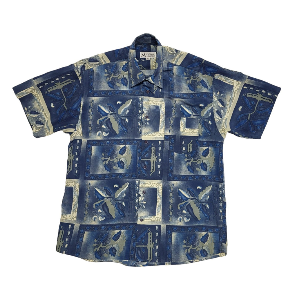 L'Homme Moderne 90's Blue & Grey Short Sleeve Retro Shirt Mens UK Size M