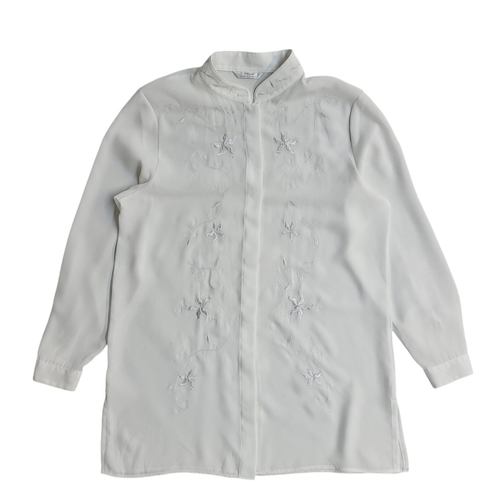 Marks and Spencer White 90's Long Sleeve Floral Embroidered Shirt Women's 14