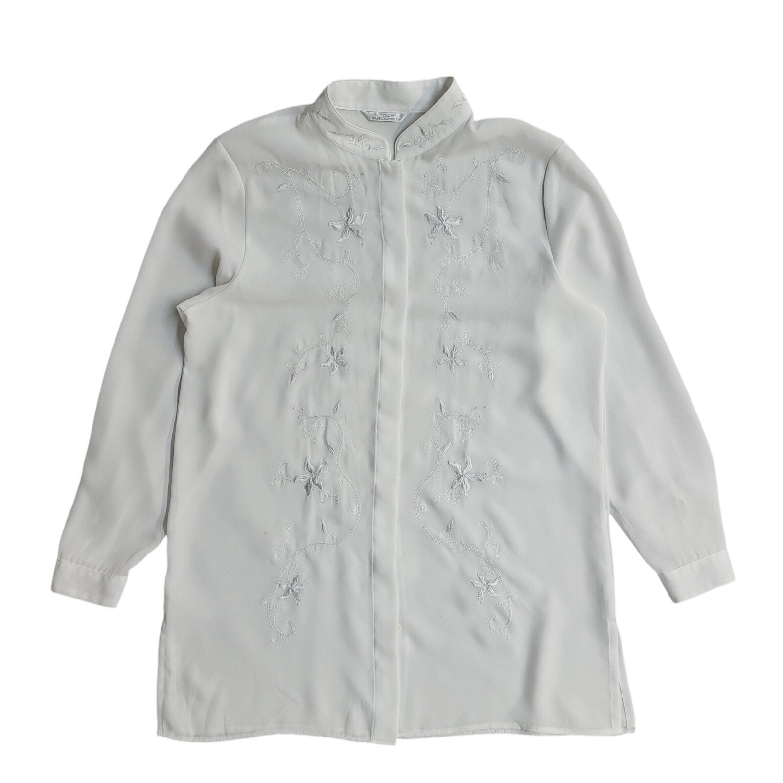 Marks and Spencer White 90's Long Sleeve Floral Embroidered Shirt Women's 14