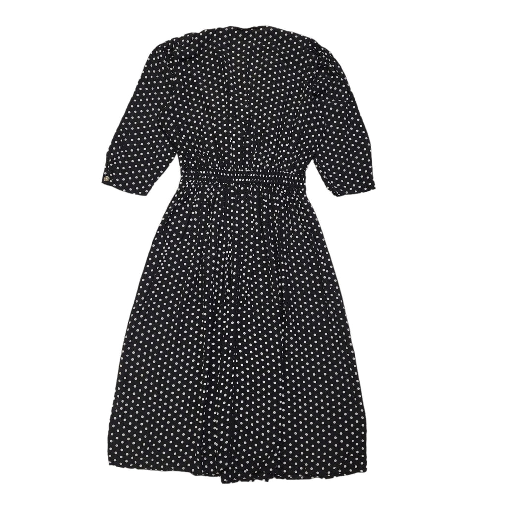 80s Vintage Black & White Polka Dot Collared Tea Dress Women's 14