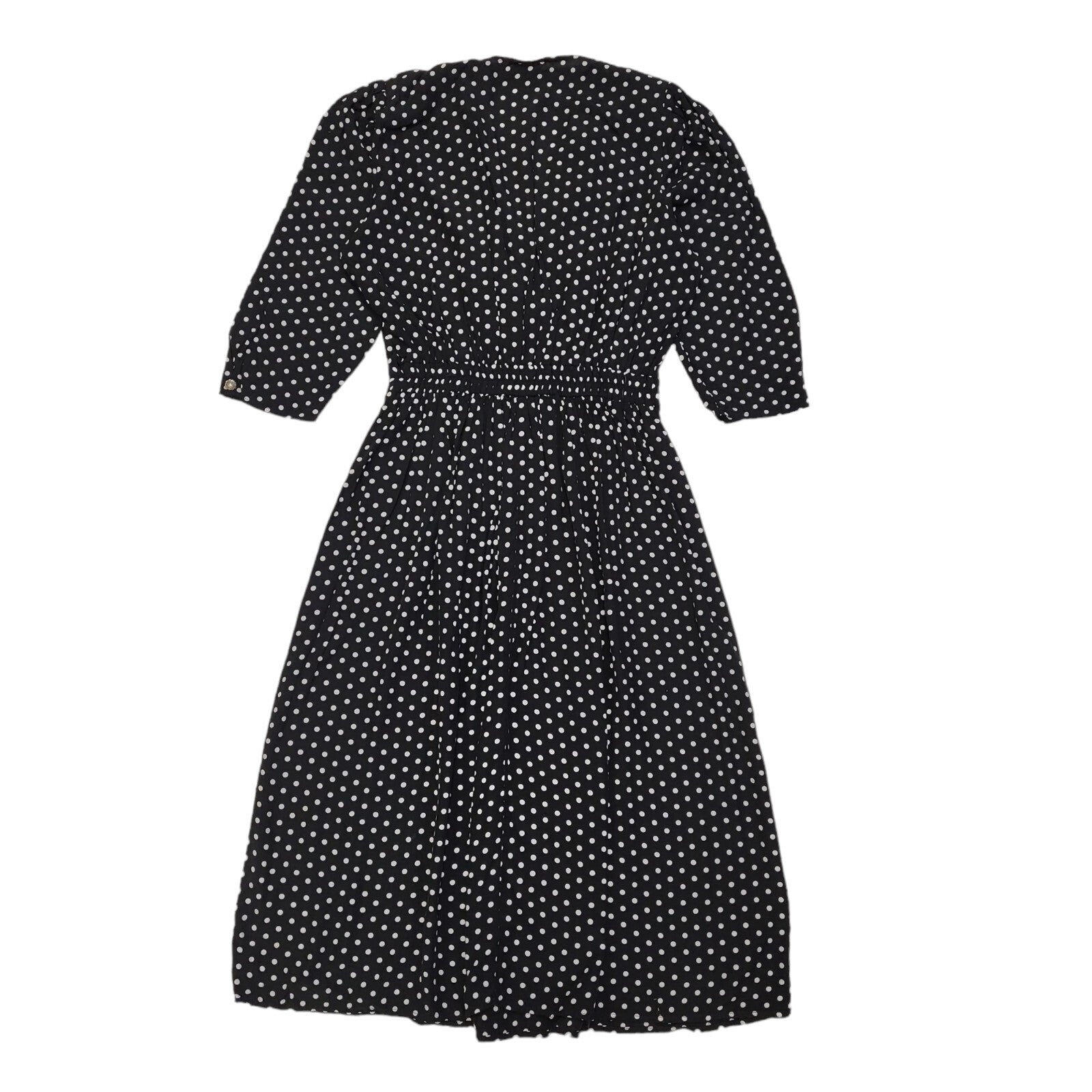 80s Vintage Black & White Polka Dot Collared Tea Dress Women's 14