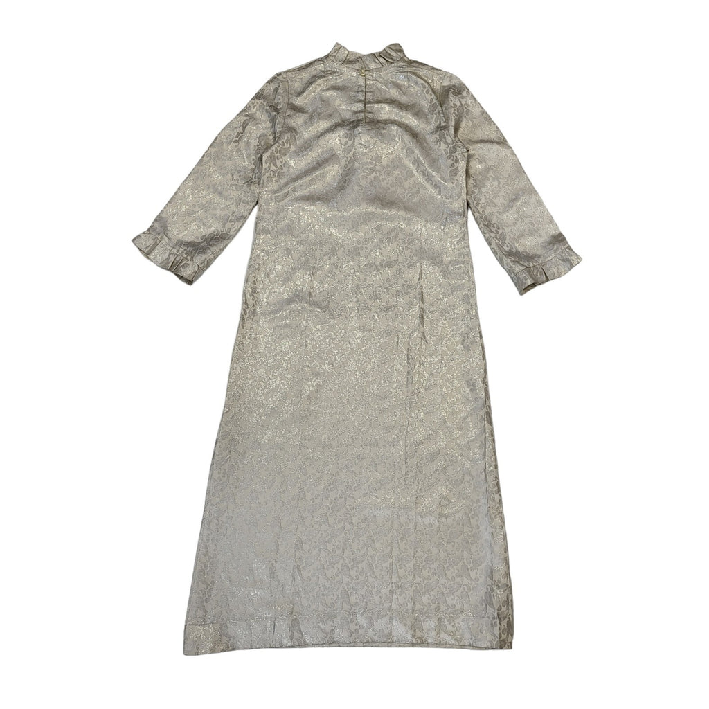 70s Vintage Beige & Silver Stitched Paisley Maxi Dress Women's Size 14
