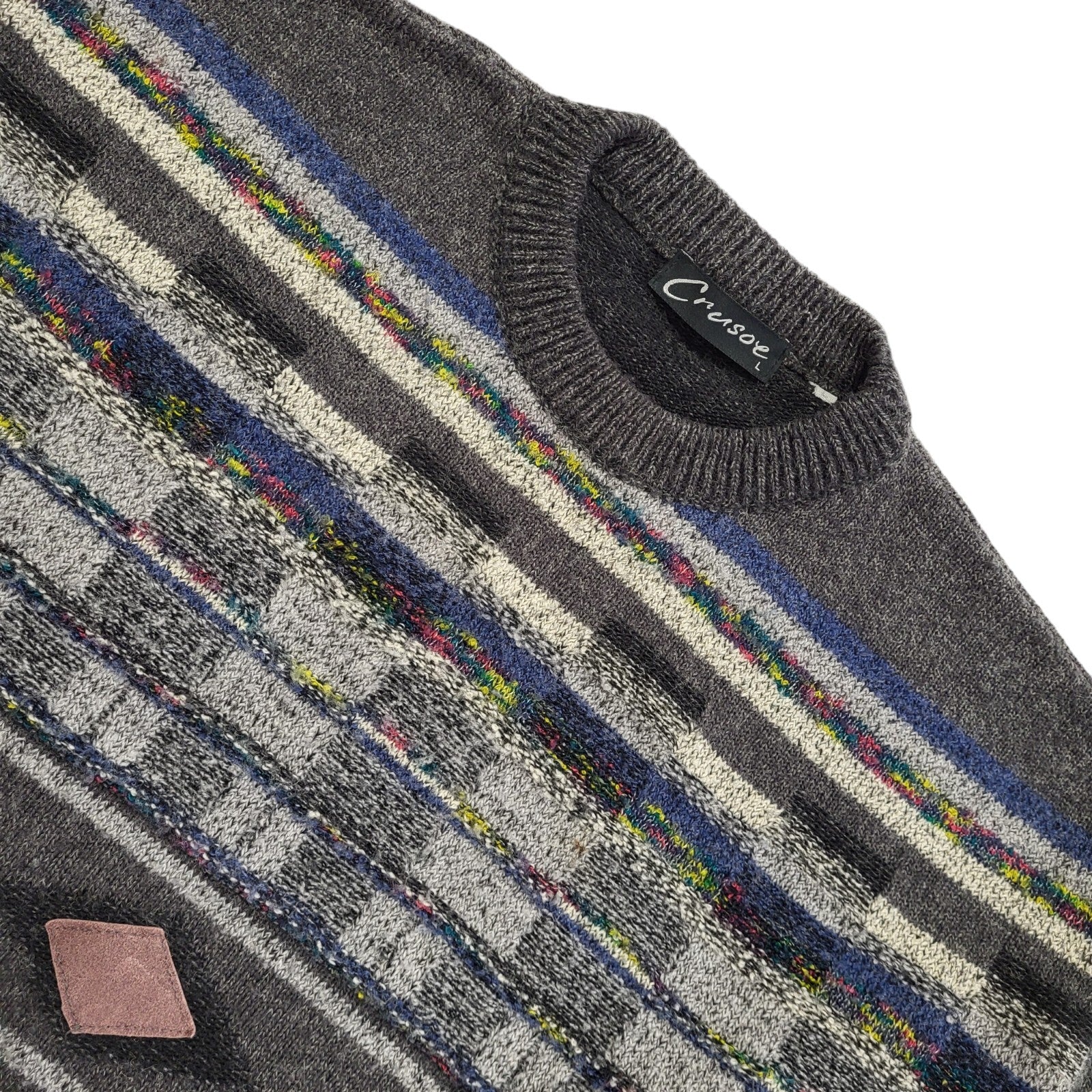Crusoe Vintage 80s Grey Blue Crew Neck Acrylic Jumper Men's Size L