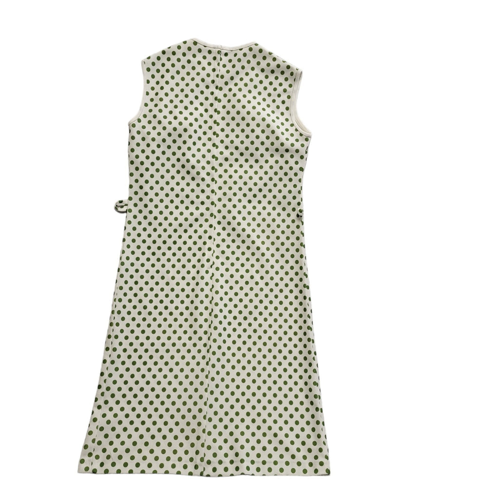 Vintage 70s Whit & Green Polka Sleeveless Dress Uk Women's Size 14