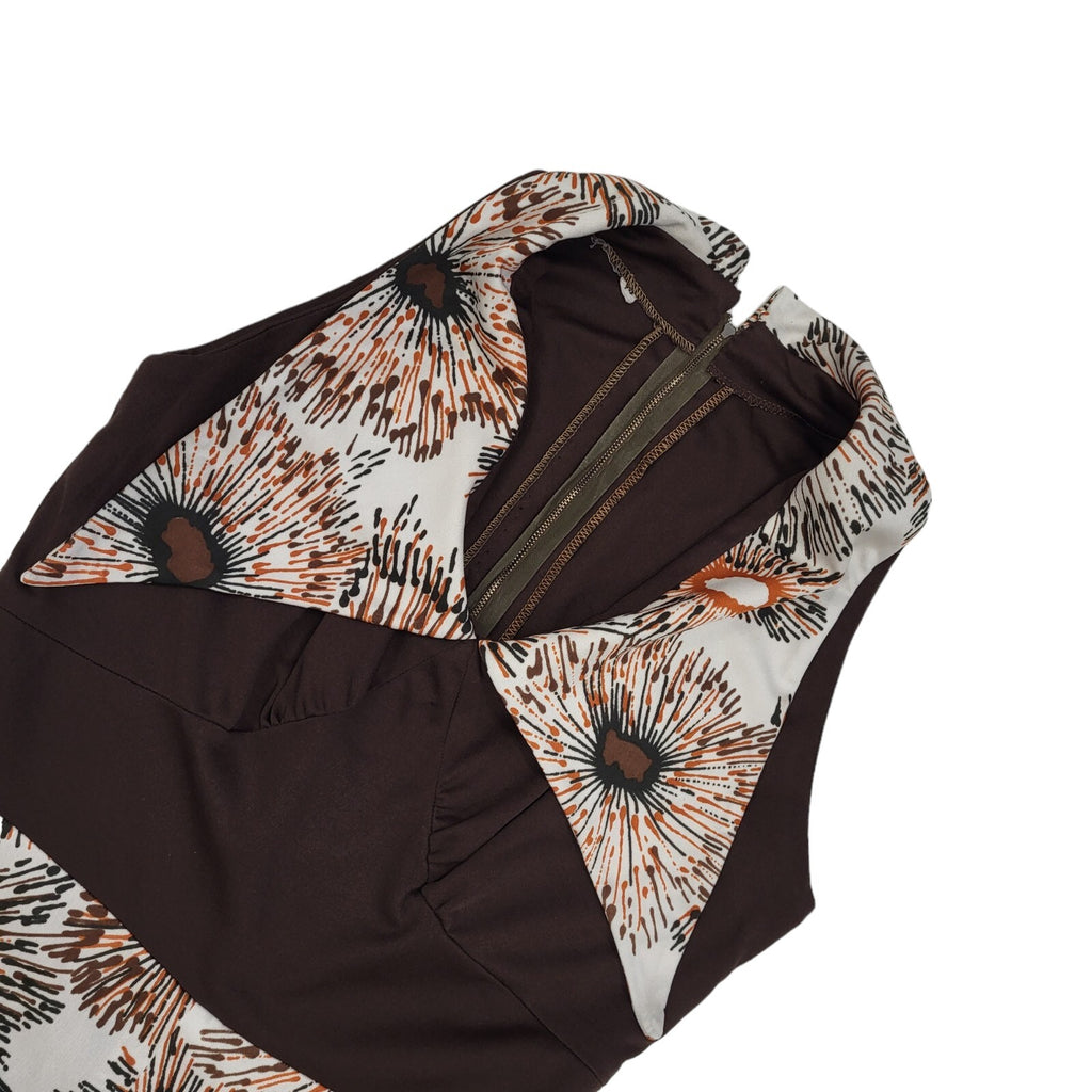 70s Vintage Brown Floral V-Neck Collared Maxi Dress Women's 8