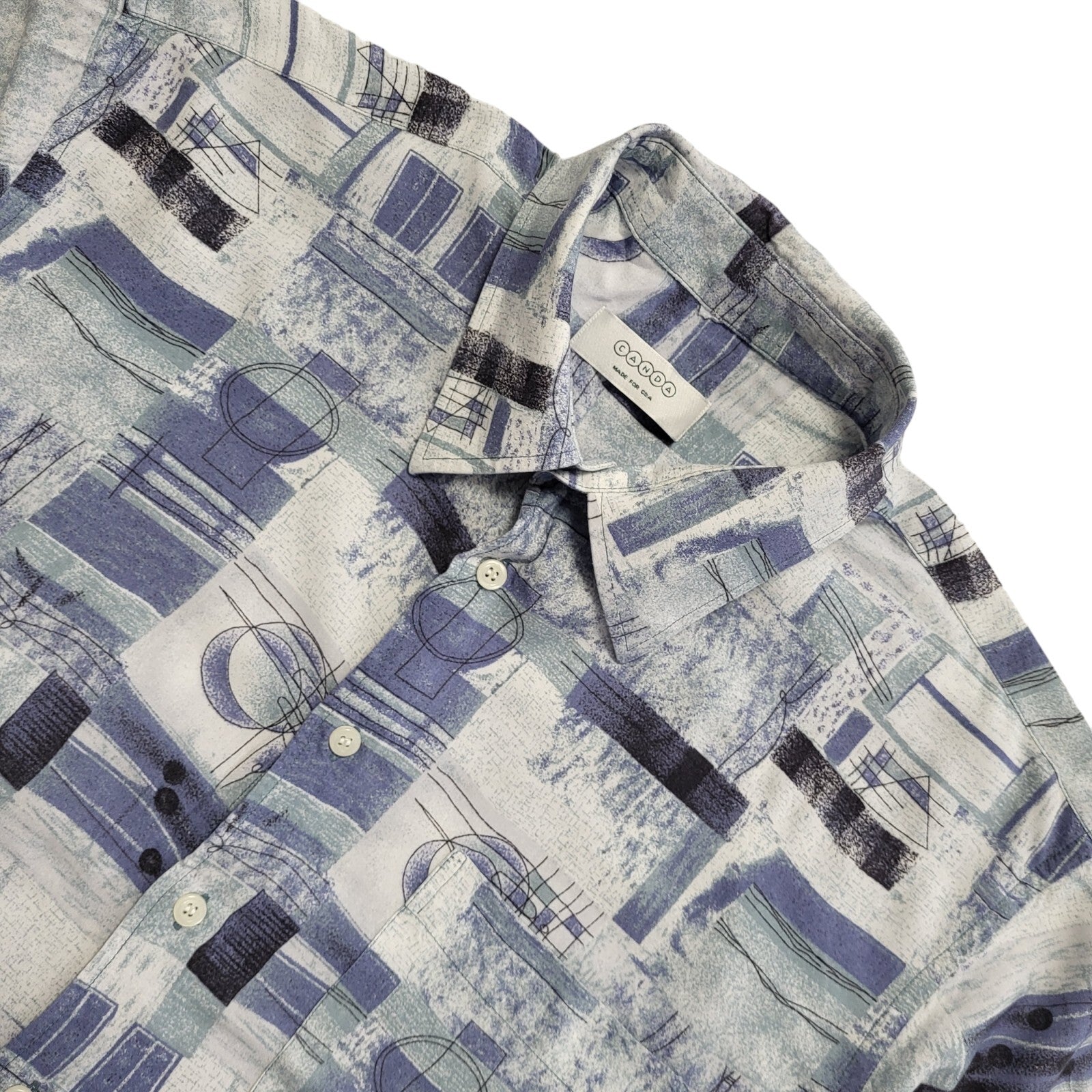 Canda Vintage 80's Blue Retro Abstract Short Sleeve Shirt Mens UK Size L