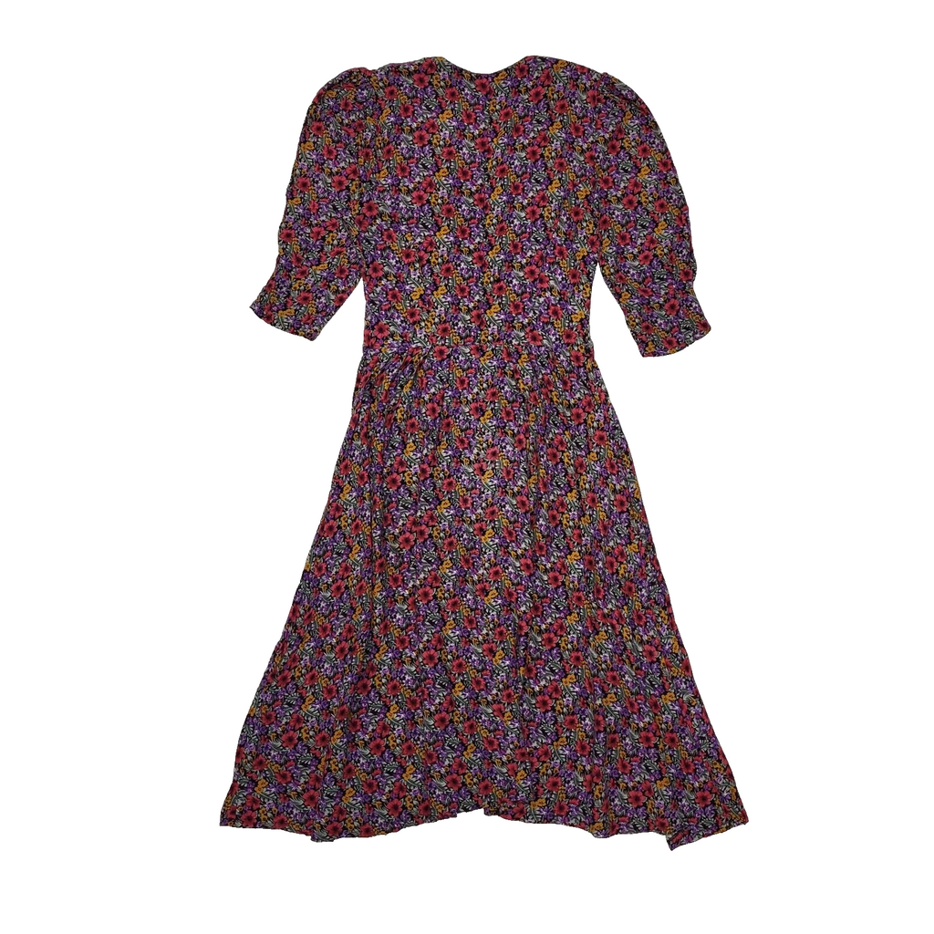Miss Selfridge 80s Vintage Pink & Purple Floral Buttoned Dress Women's 10