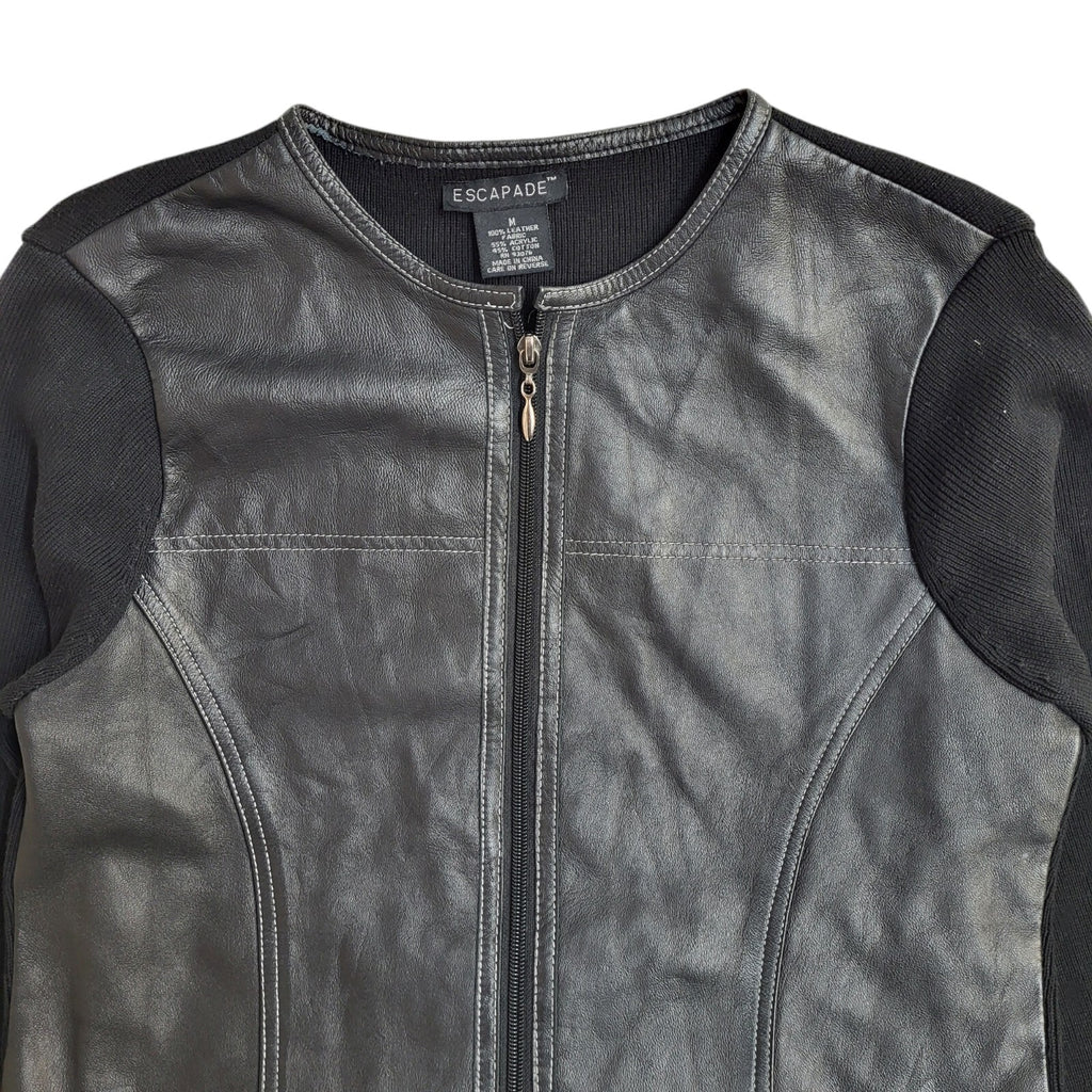 Escapade Black Round Neck Full Zip Leather Jacket 90s UK Women's Size M