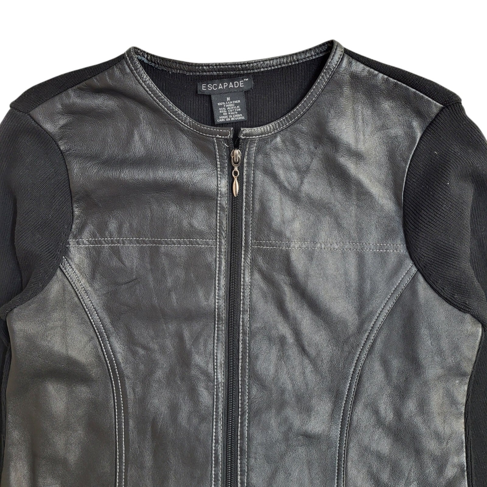 Escapade Black Round Neck Full Zip Leather Jacket 90s UK Women's Size M