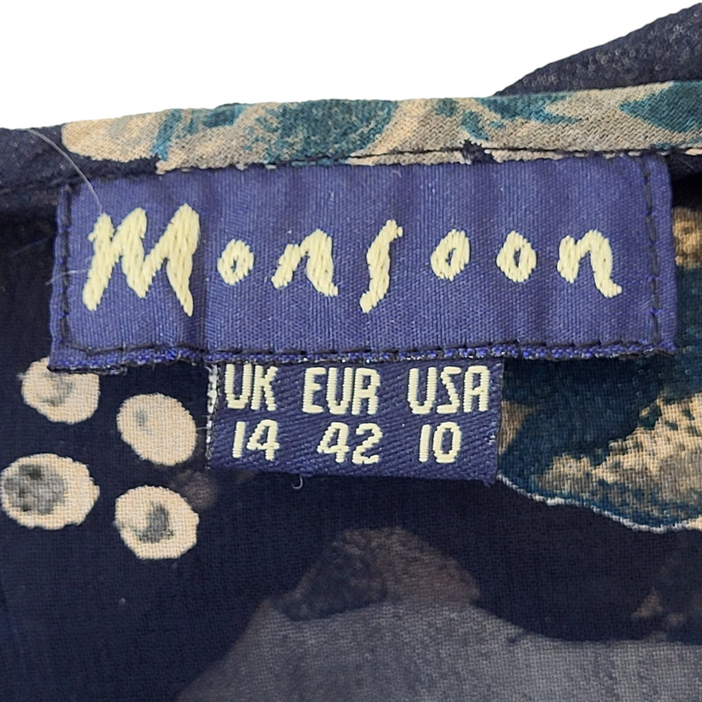Monsoon 90s Vintage Blue Floral Print Long Sleeve Blouse Women's 14