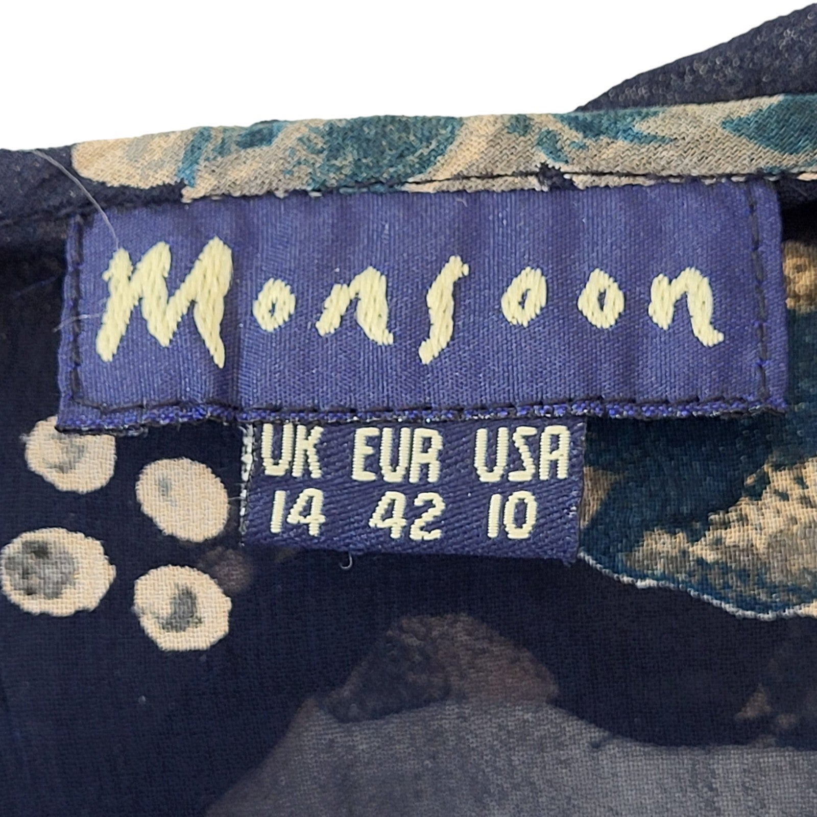Monsoon 90s Vintage Blue Floral Print Long Sleeve Blouse Women's 14