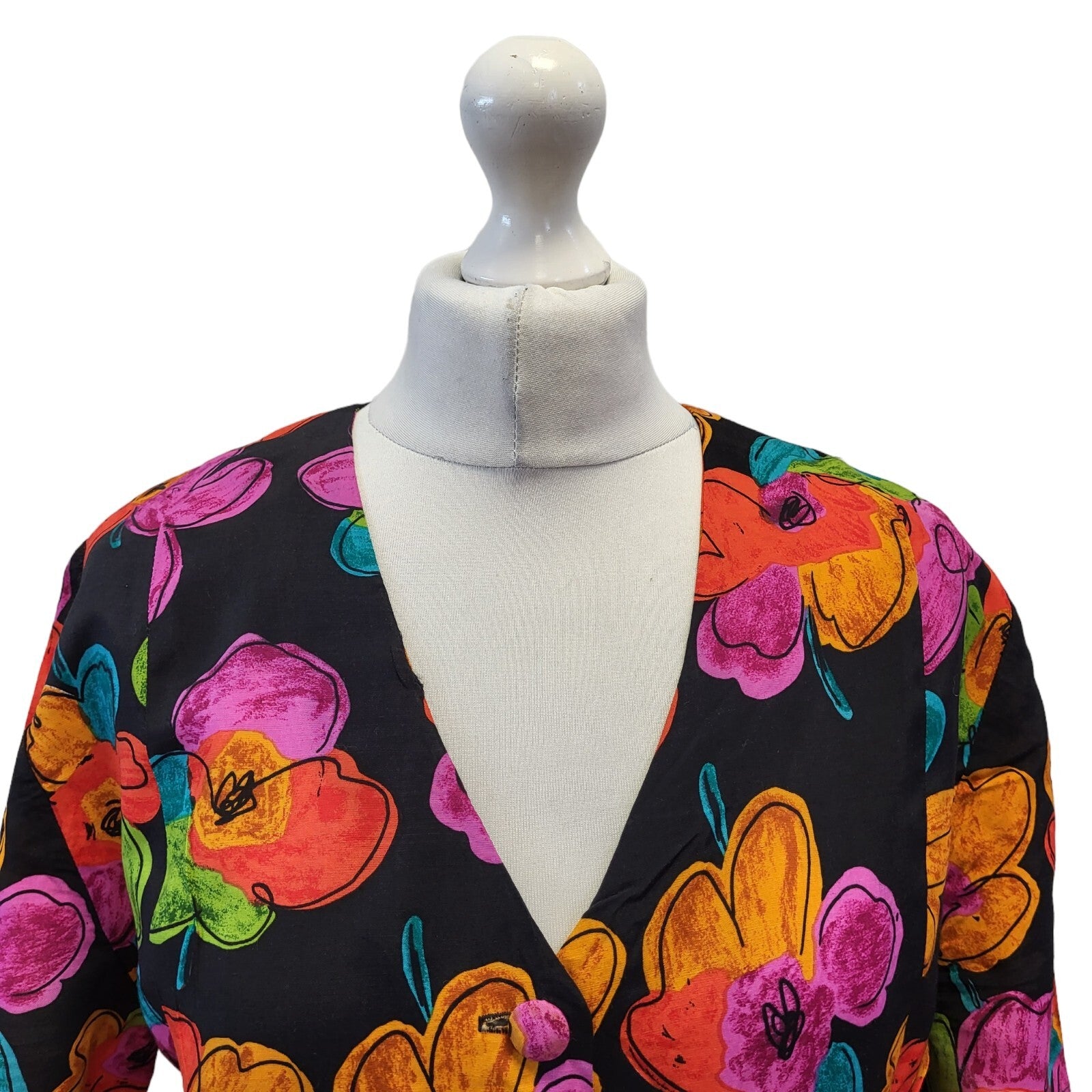 90s Vintage Black, Pink & Red Floral Print Dress Women's Size 12 EU 40