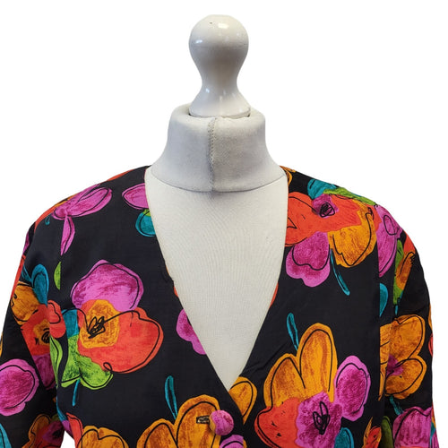 90s Vintage Black, Pink & Red Floral Print Dress Women's Size 12 EU 40