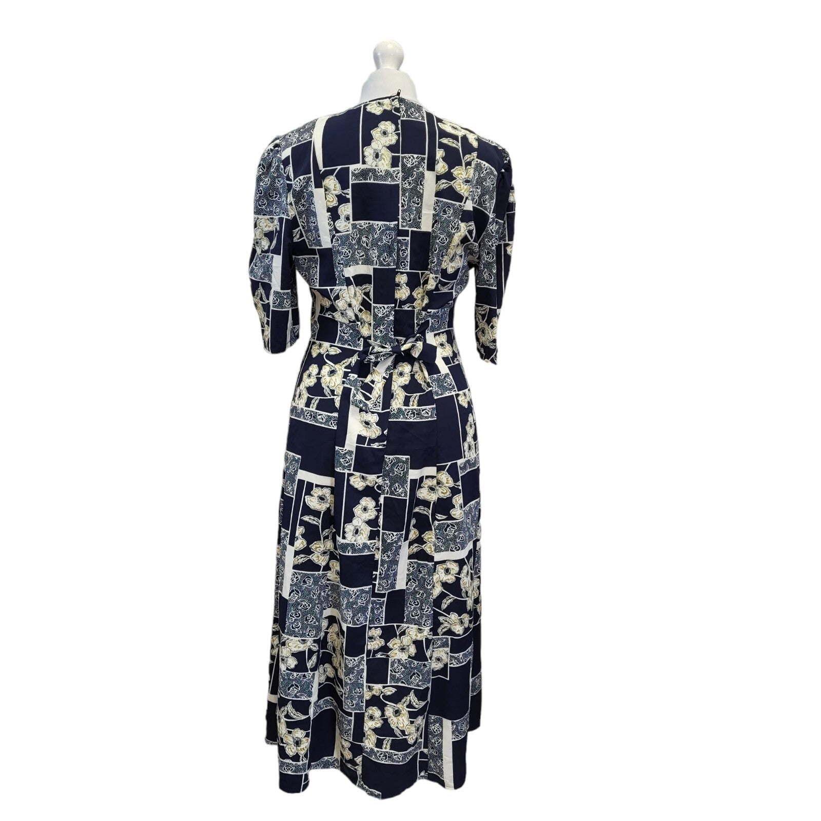 Exclusive 90s Vintage Blue White Floral Print Dress Women's Size 10 EU 38
