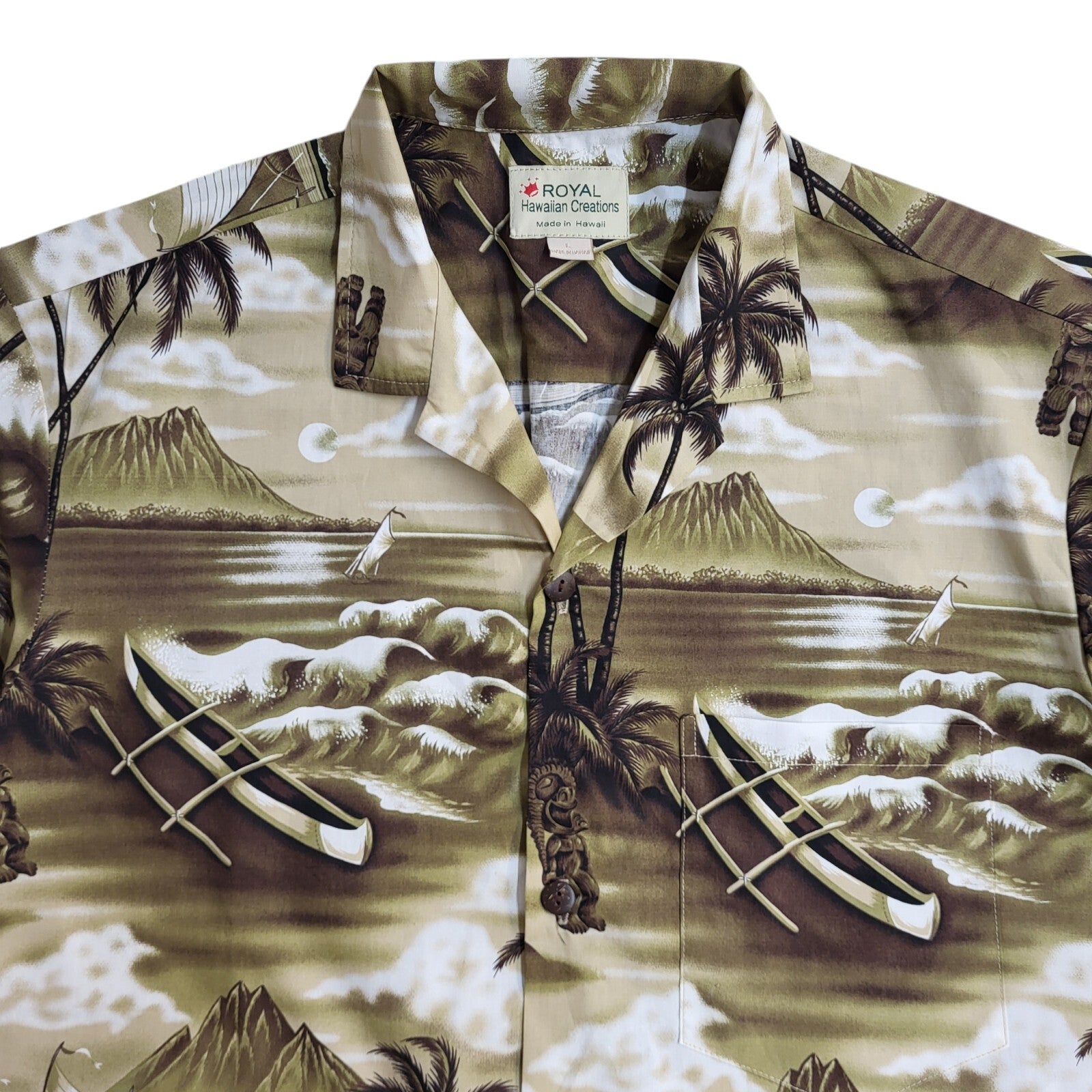 Royal Hawaiian Palm Tree Print Brown Short Sleeve Shirt Men's UK Size L