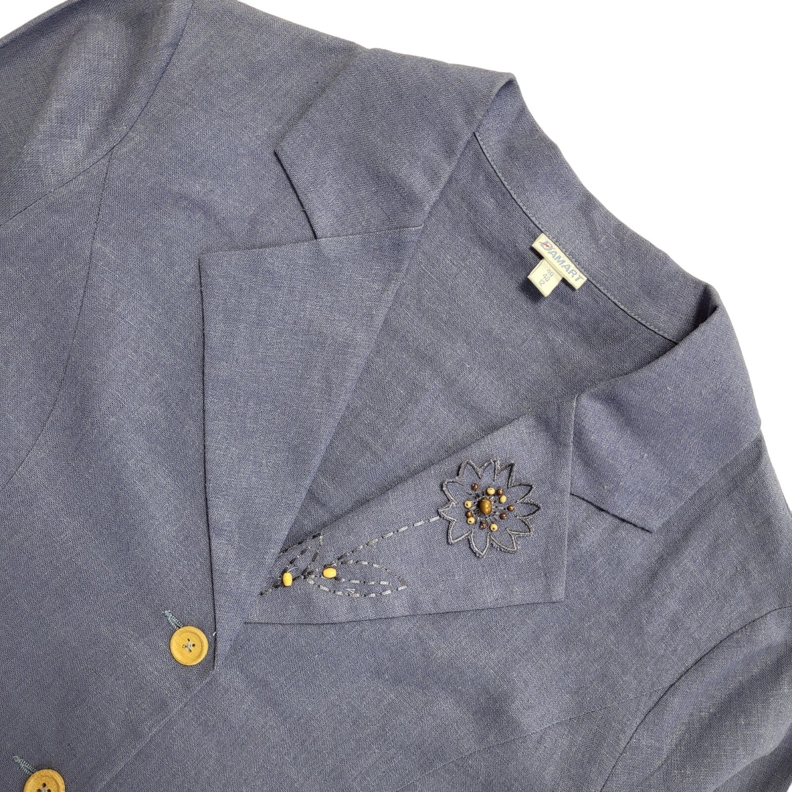 Damart Vintage 80's Blue Button Front Linen Dress Jacket Uk Women's Size 12