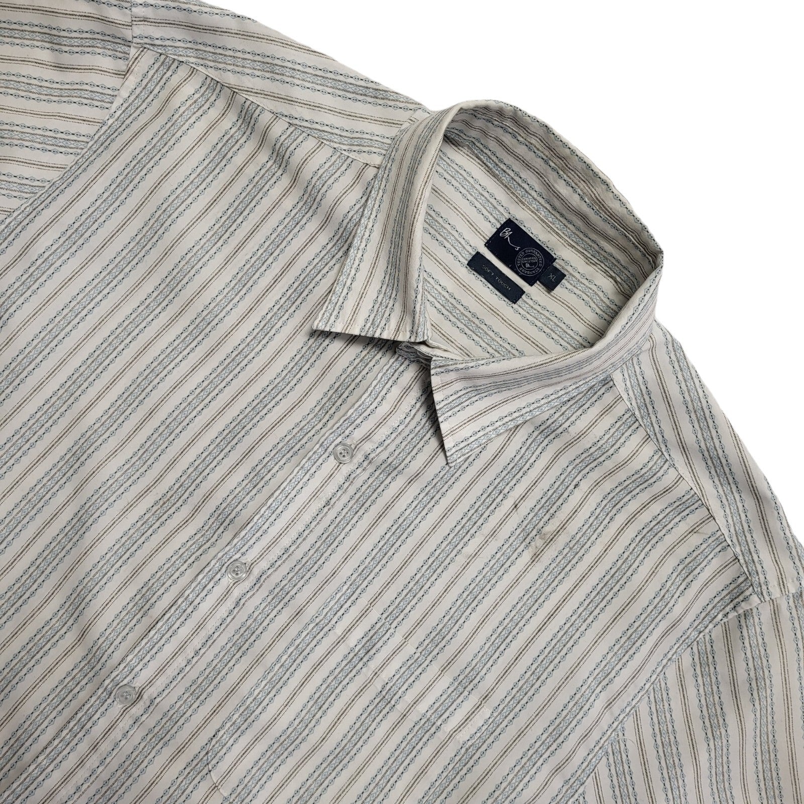 BHS 90's White, Grey & Blue Short Sleeve Striped Shirt Men's UK Size XL