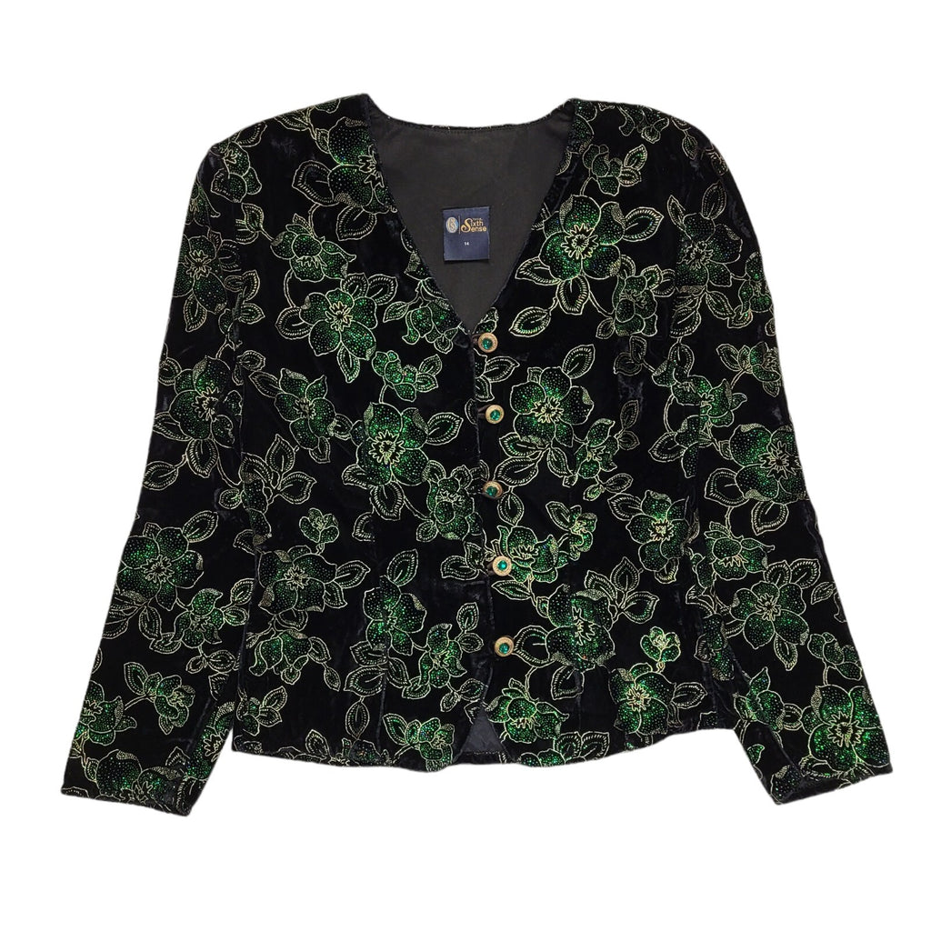 Sixth Sense Vintage 90's Black Green Floral Button Front Jacket Womens UK 14