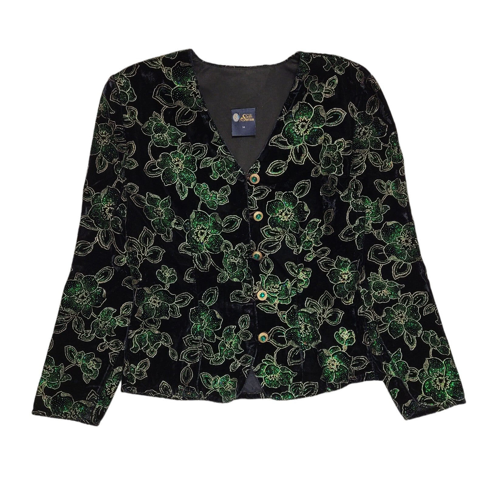 Sixth Sense Vintage 90's Black Green Floral Button Front Jacket Womens UK 14