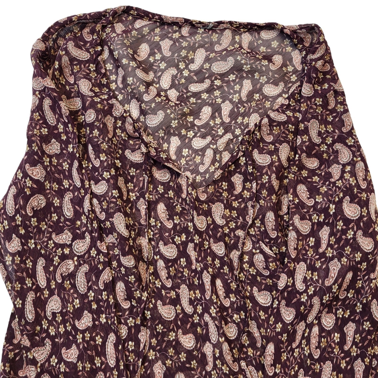 90s Vintage Maroon Paisley Sheer Tie Neck Long Sleeve Blouse Womens UK 12