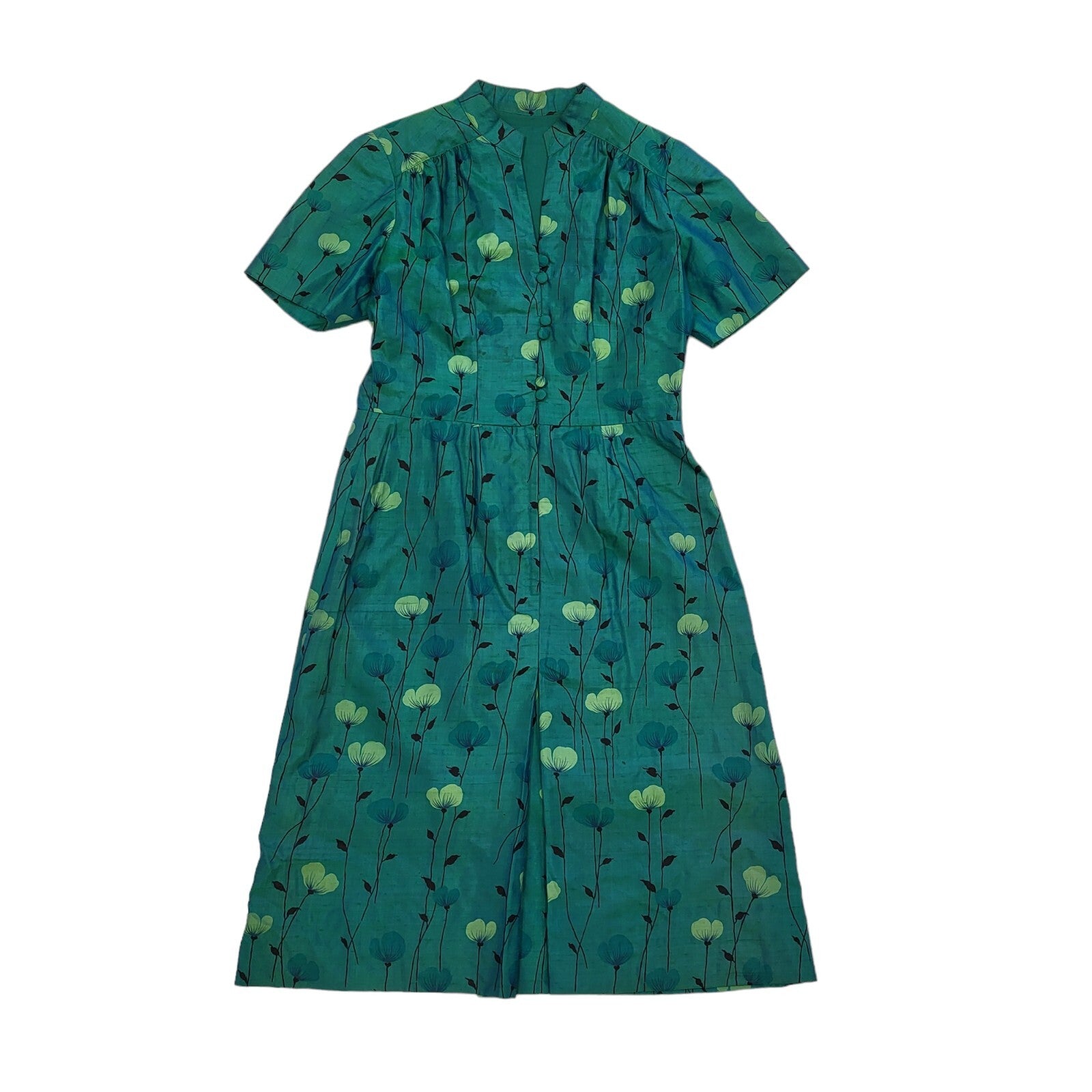 Vintage 60s Green Floral Daywear Dress Women's Size 12