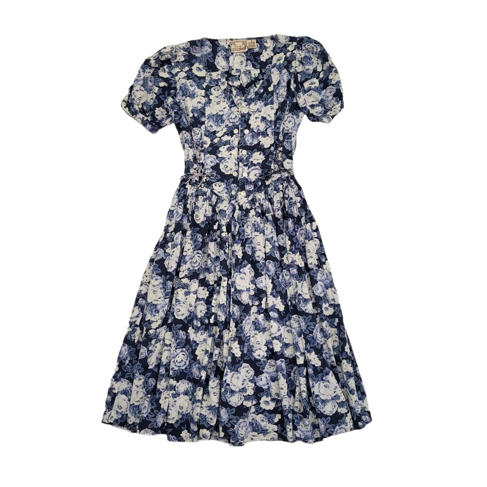 Kushi 90s Vintage Blue Floral Print Daywear Dress Women's Size M 10