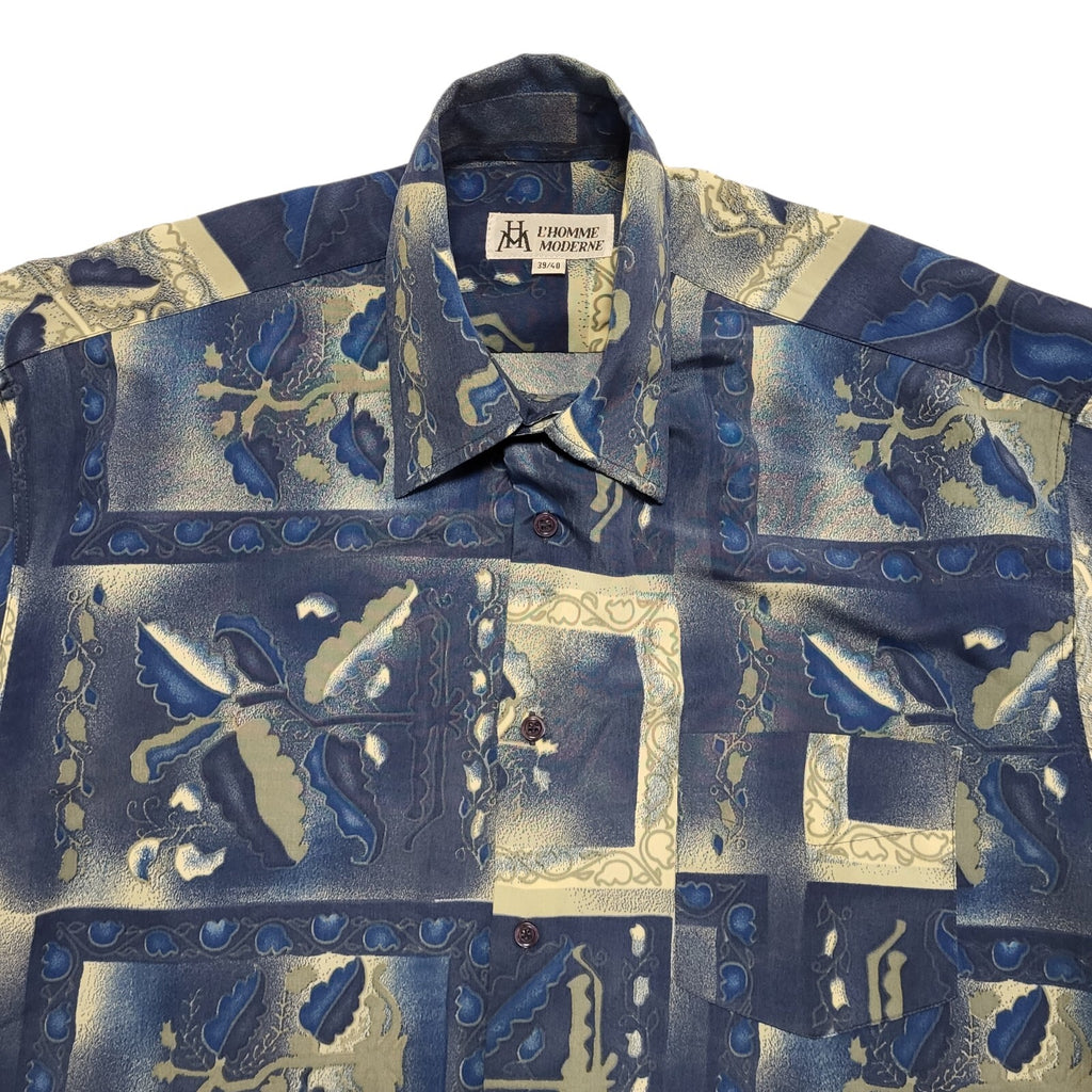 L'Homme Moderne 90's Blue & Grey Short Sleeve Retro Shirt Mens UK Size M