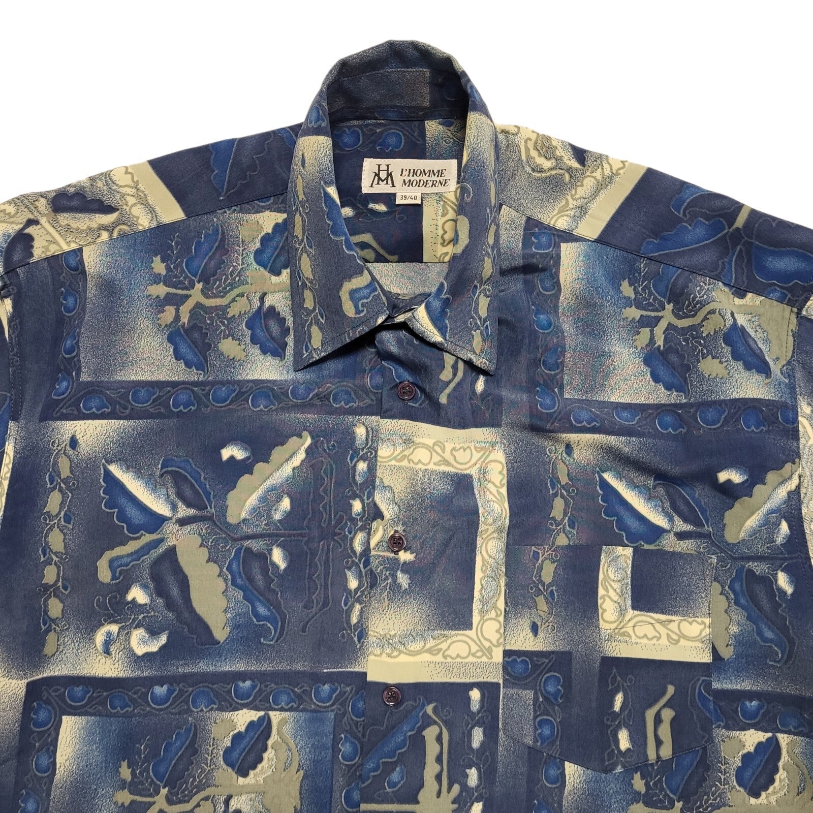 L'Homme Moderne 90's Blue & Grey Short Sleeve Retro Shirt Mens UK Size M