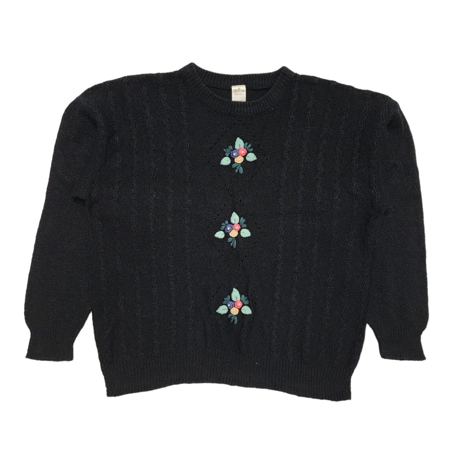 Littlewoods Vintage 80's Black Floral Knit Jumper UK Womens Size 14/16