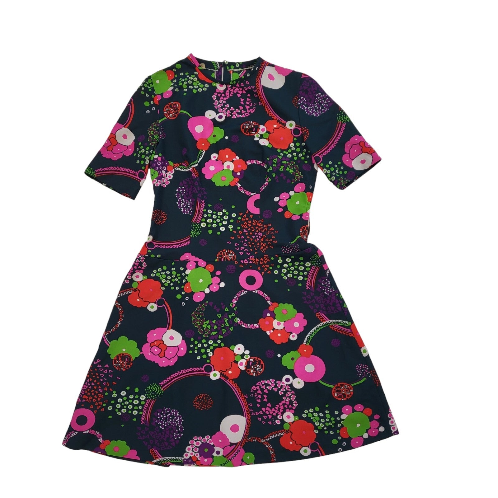60s Vintage Black & Pink Floral Fit & Flare Dress Women's Size 10
