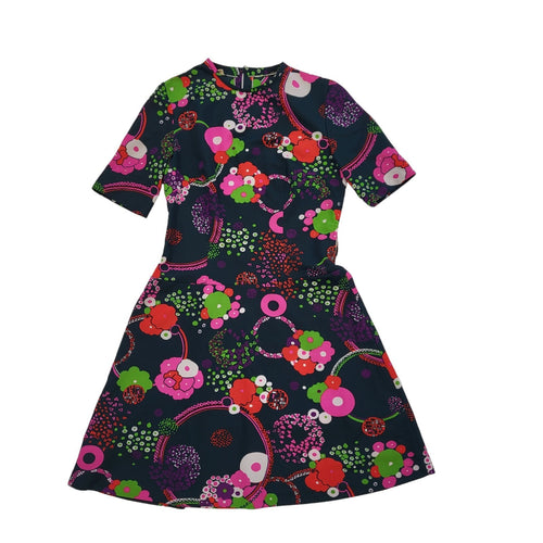 60s Vintage Black & Pink Floral Fit & Flare Dress Women's Size 10