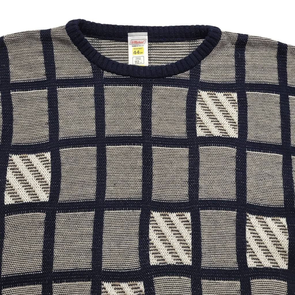 St Michael Vintage 80's Blue & White Round Neck Jumper Mens UK XL