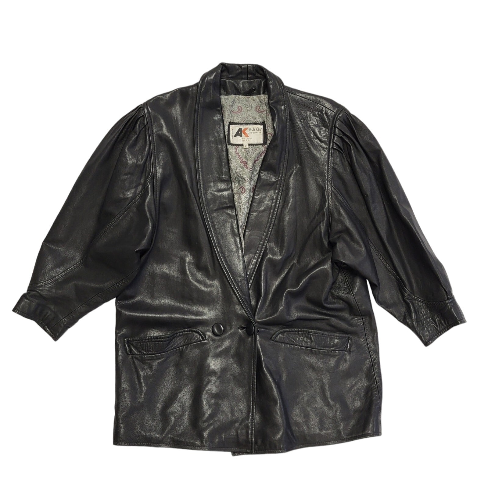 Ash Kay Vintage 80s Black Button Leather Jacket Uk Women's Size 16