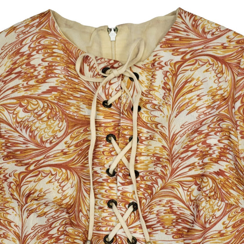 70s Vintage Orange & White Patterned Maxi Dress Women's Size 6