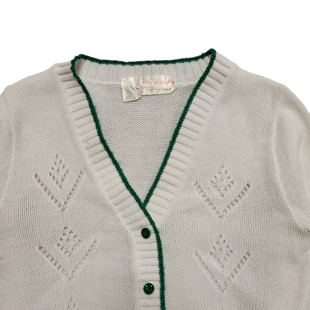 Vintage 80's White & Green Button Up Cardigan UK Womens Size XS