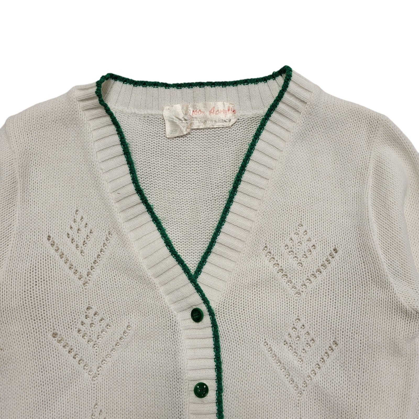 Vintage 80's White & Green Button Up Cardigan UK Womens Size XS