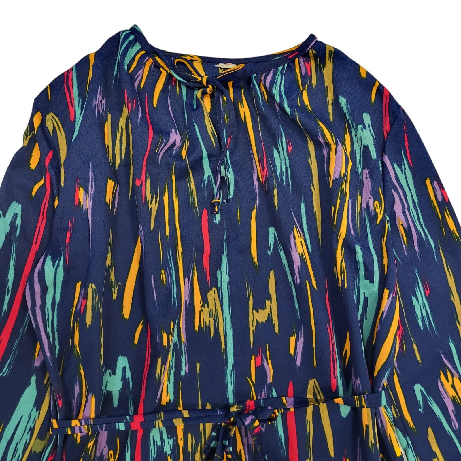 70s Vintage Navy, Blue, Yellow & Pink Tied Waist Shift Dress Women's 16/18