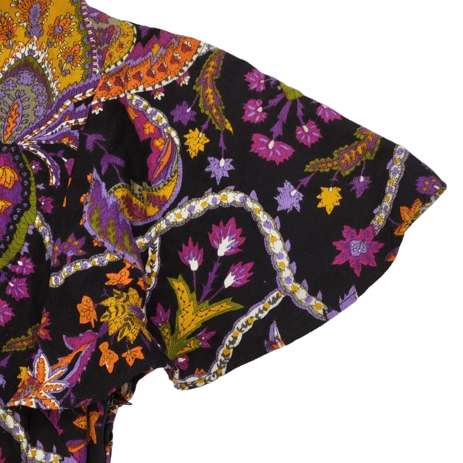 70s Vintage Black & Purple Short Flutter Sleeve Mini Dress Women's Size 10