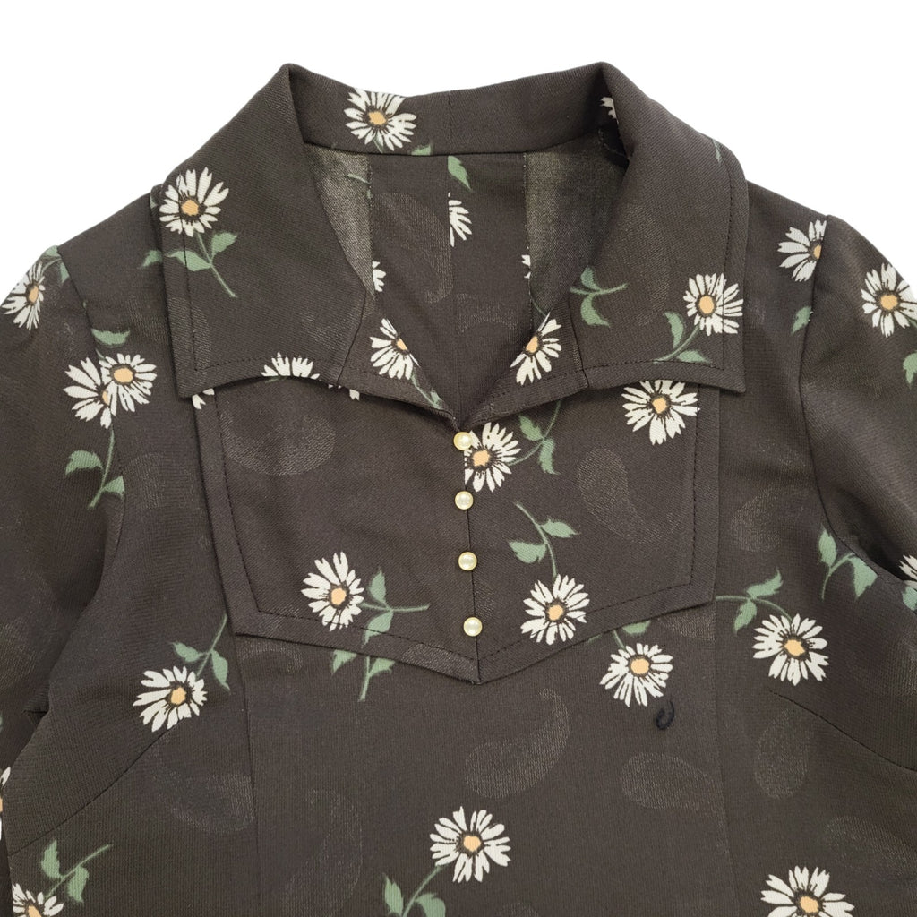 70s Vintage Brown & White Daisy Collared Shift Dress Women's 8