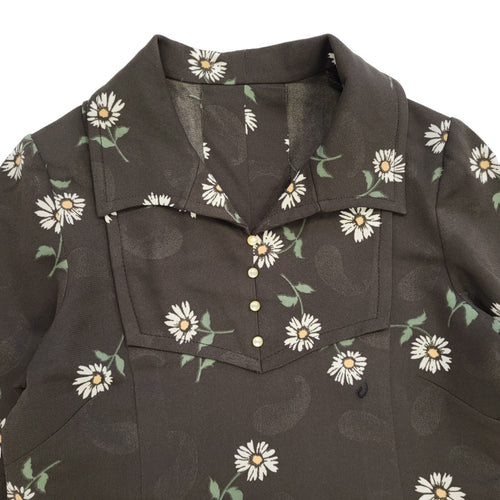 70s Vintage Brown & White Daisy Collared Shift Dress Women's 8