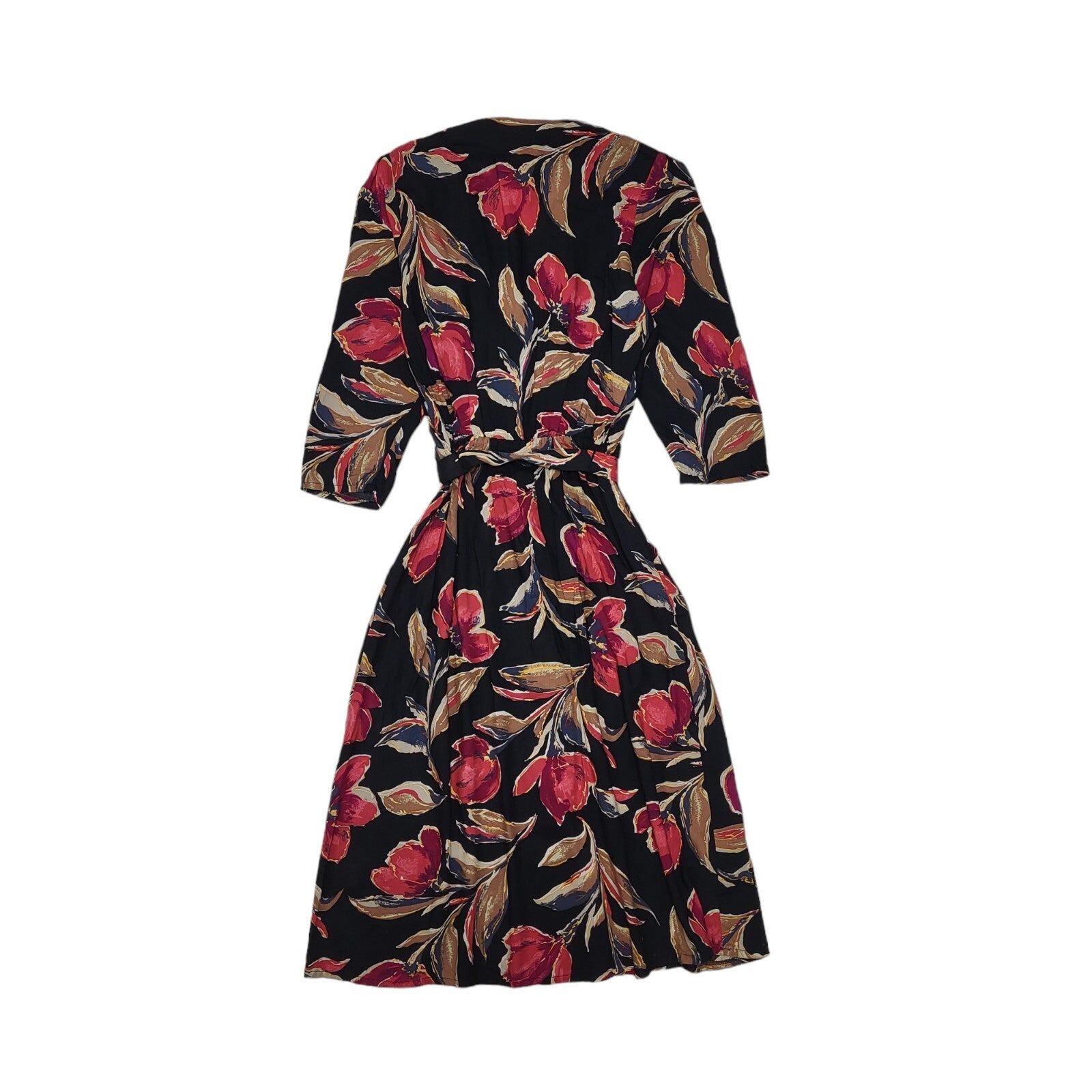 Paul Poly 80s Vintage Black & Red Floral Belted Daywear Dress Women's 12/14