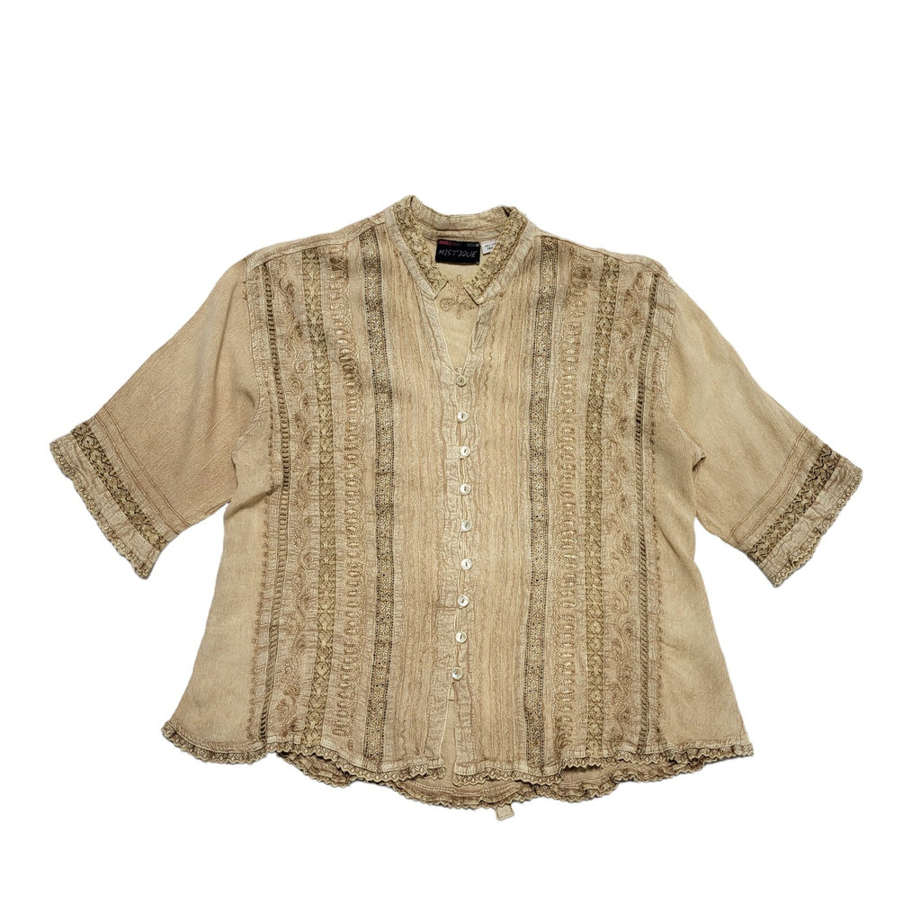 Mistique Vintage 80's Beige Button Up Short Sleeve Blouse Womens UK XL