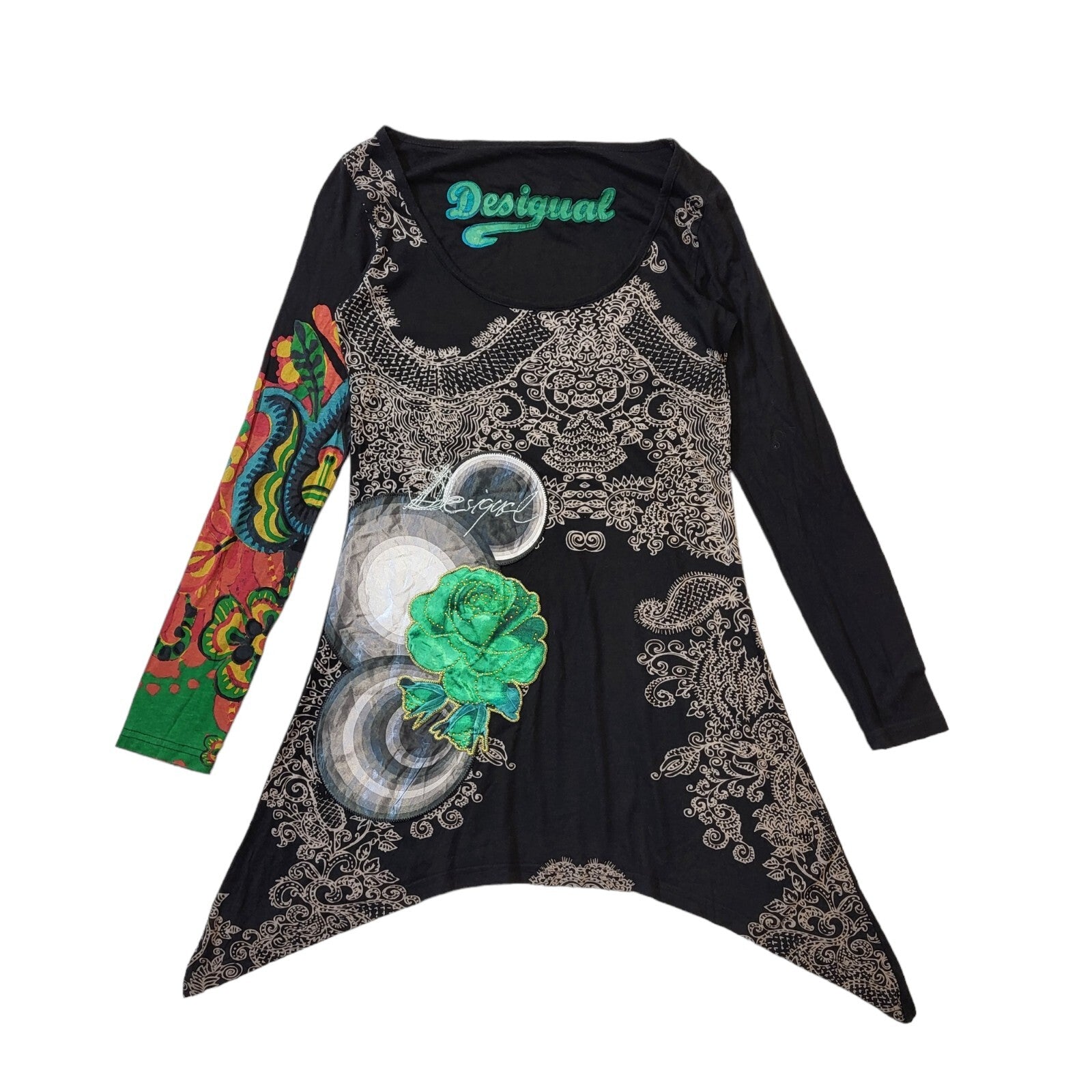 Desigual Y2K Black Floral Round Neck Long Sleeve Top Women's Size Small