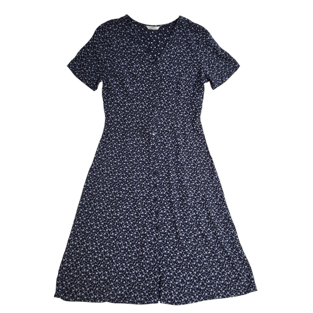 M & S Vintage Dress 90's Navy A-Line Buttoned Midi Dress Womens Uk 14