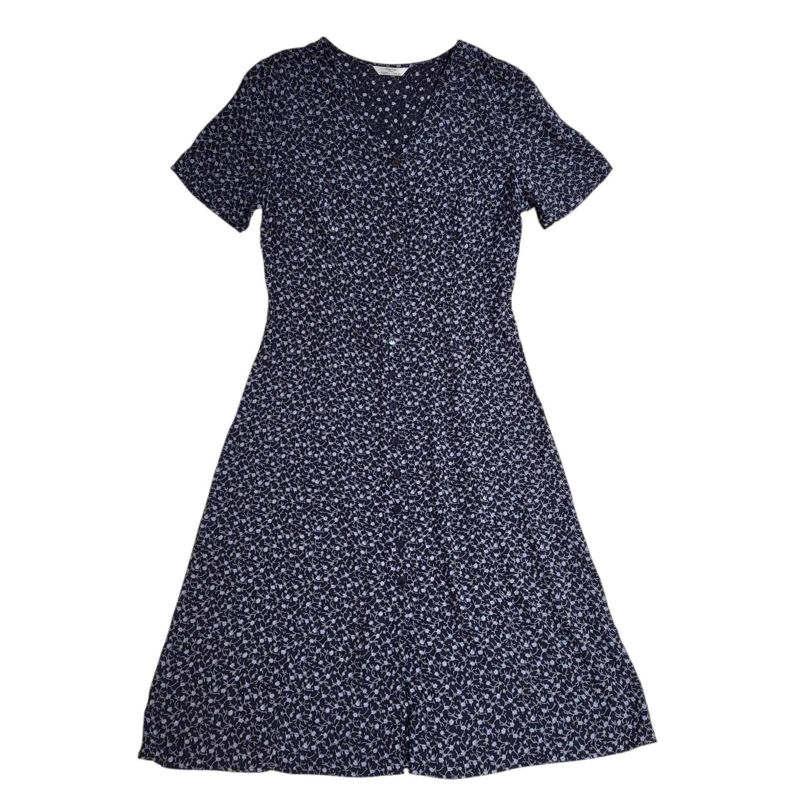 M & S Vintage Dress 90's Navy A-Line Buttoned Midi Dress Womens Uk 14