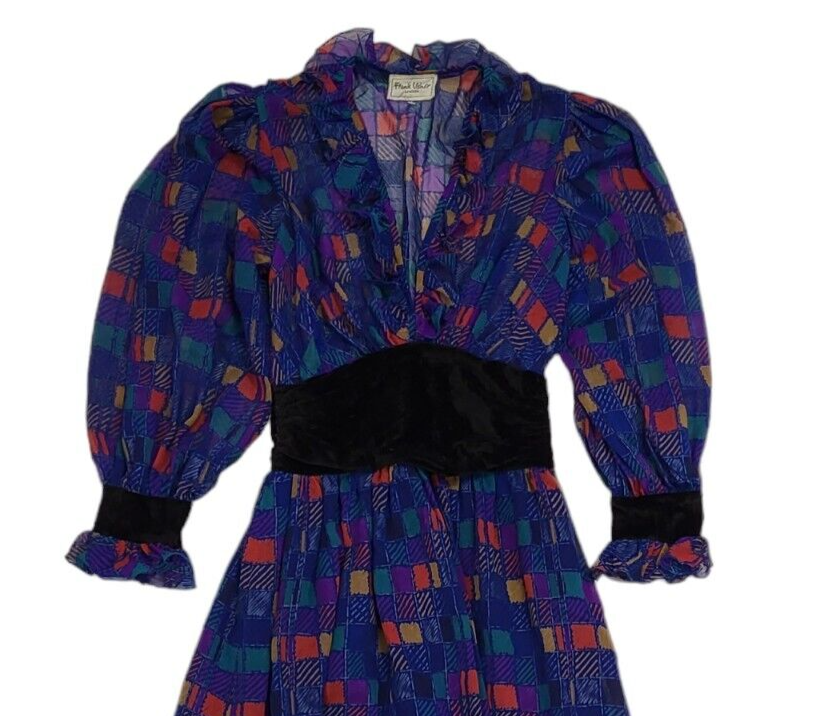 70s Vintage Frank Usher Blue & Purple Balloon Sleeve Maxi Dress Women's 8